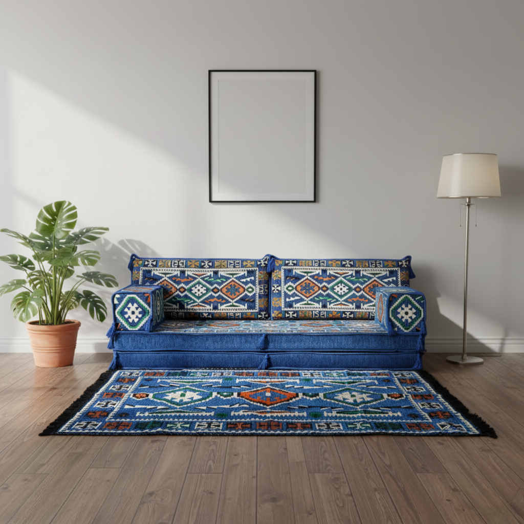 Arabic Loveseat Sofa Set – Blue Loveseat Set with 4 and 8 Inch Cushion Options