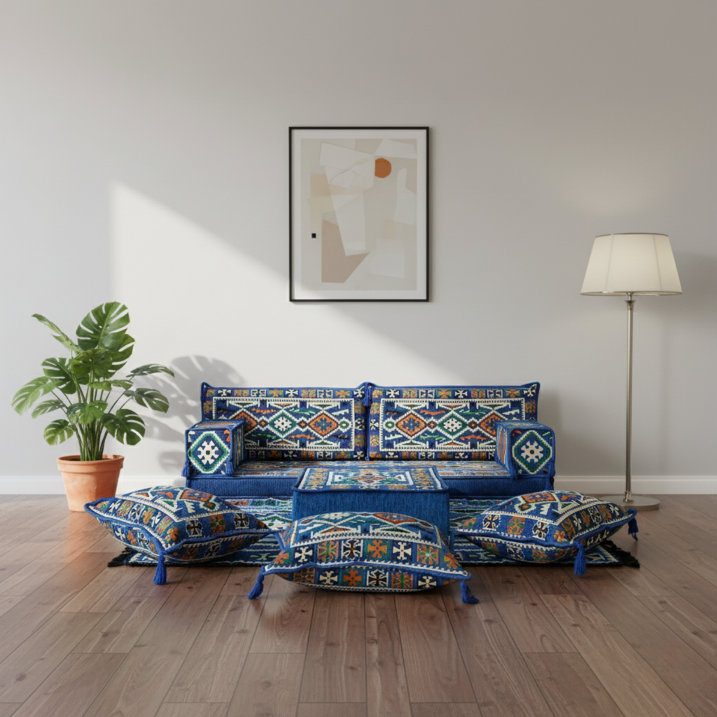 Arabic Loveseat Sofa Set – Blue Loveseat Set with 4 and 8 Inch Cushion Options