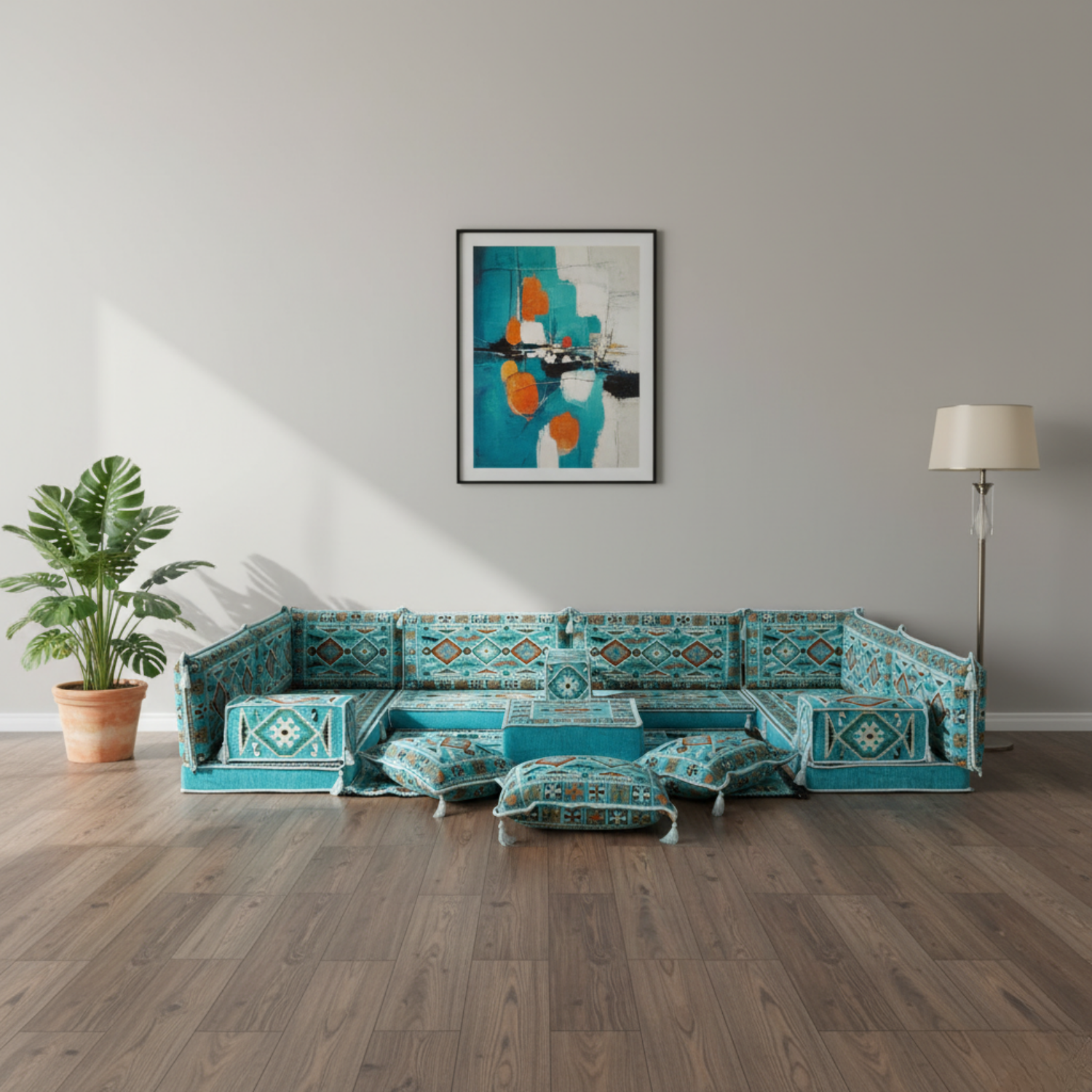 Arabic Floor Sofa Set – Turquoise U Shaped Majlis Sectional with 4 Inch Cushions