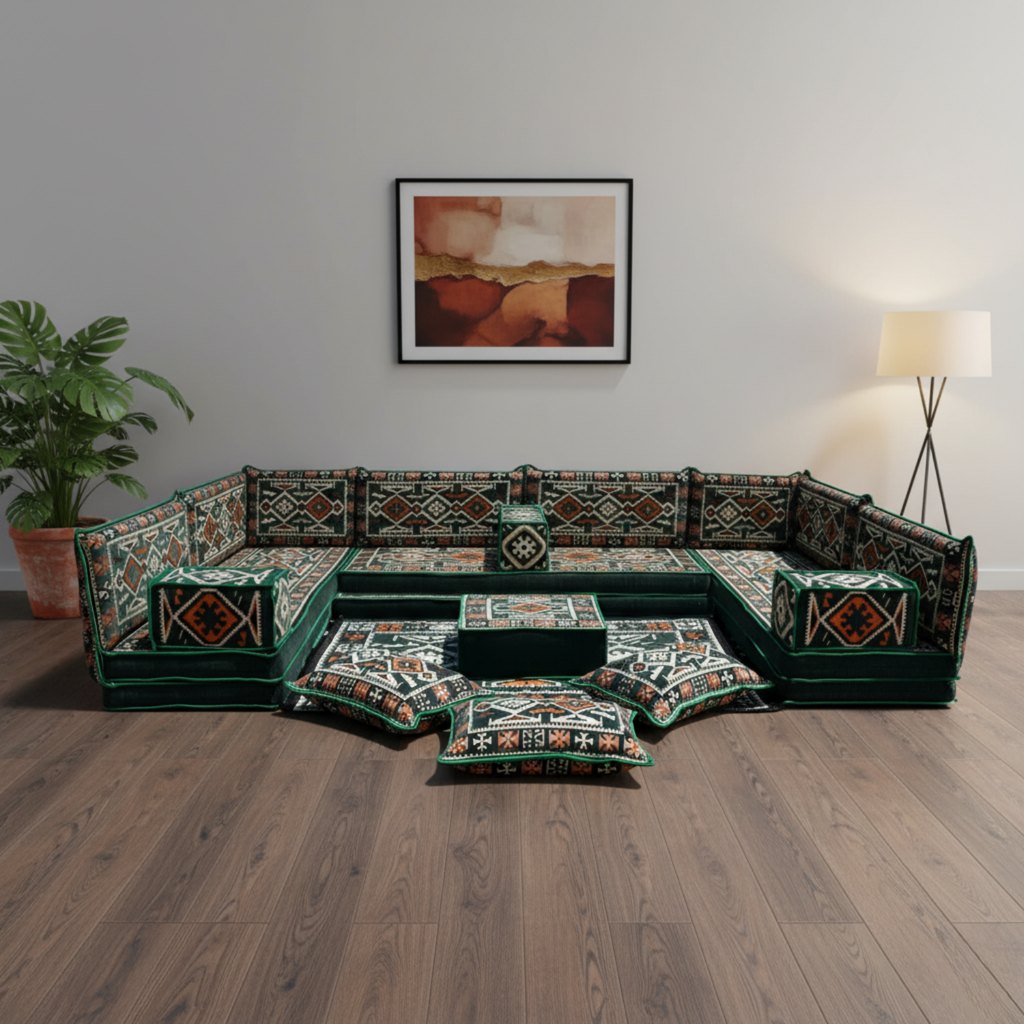Arabic Floor Sofa Set – Green U Shaped Majlis Sectional with 8 Inch Cushions