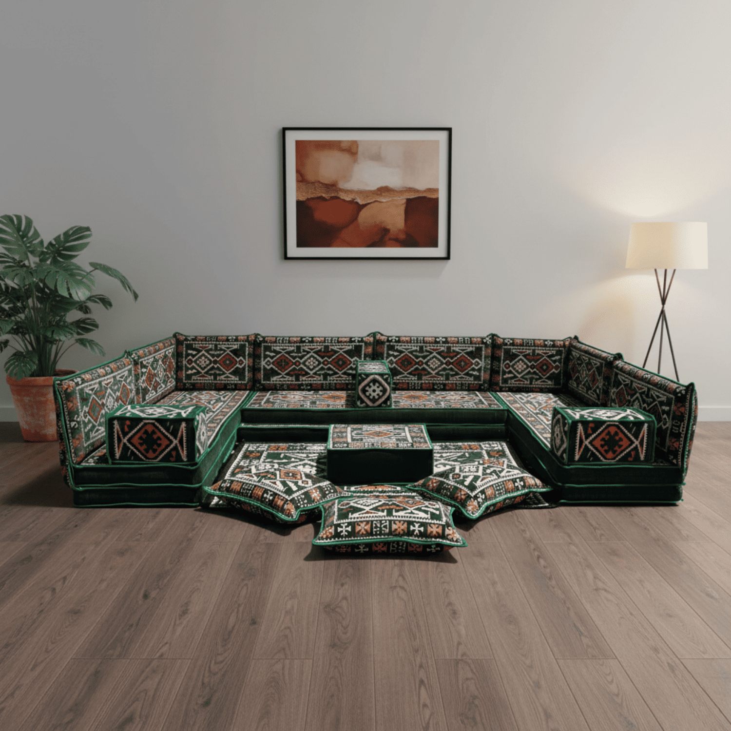 Arabic Floor Sofa Set – Green U Shaped Majlis Sectional with 8 Inch Cushions