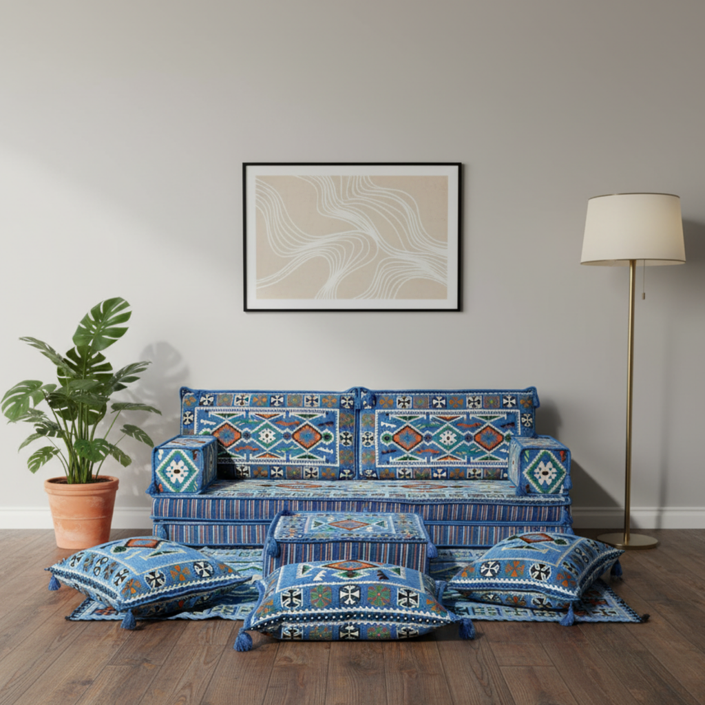Arabic Loveseat Sofa Set – Navy Blue Loveseat Set with 4 and 8 Inch Cushion Options