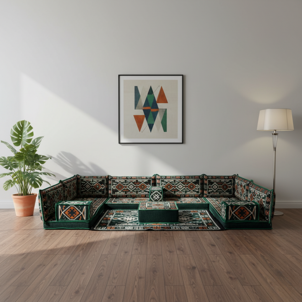 Arabic Floor Sofa Set – Green U Shaped Majlis Sectional with 4 Inch Cushions