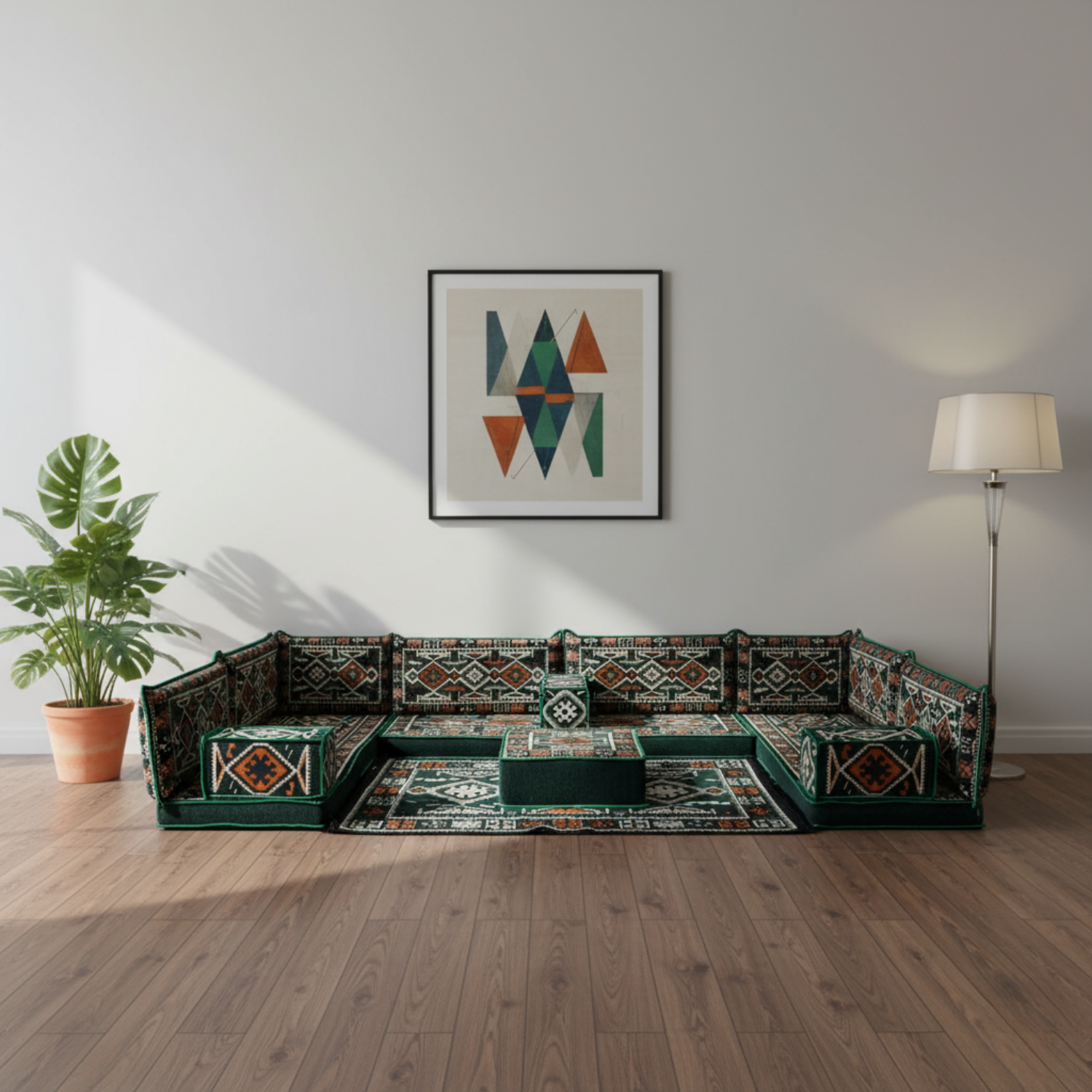Arabic Floor Sofa Set – Green U Shaped Majlis Sectional with 4 Inch Cushions