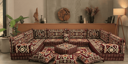 Arabic Floor Sofa Set – Maroon U Shaped Majlis Sectional with 8 Inch Cushions