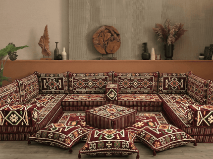 Cappadocia Kilim U-shaped Arabic majlis floor sofa in Burgundy, 8-inch cushions - photo 2
