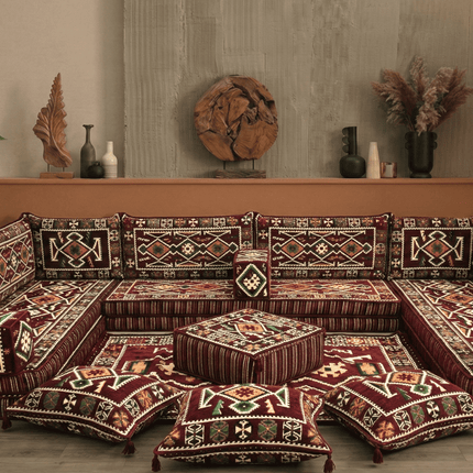 Arabic Floor Sofa Set – Maroon U Shaped Majlis Sectional with 8 Inch Cushions