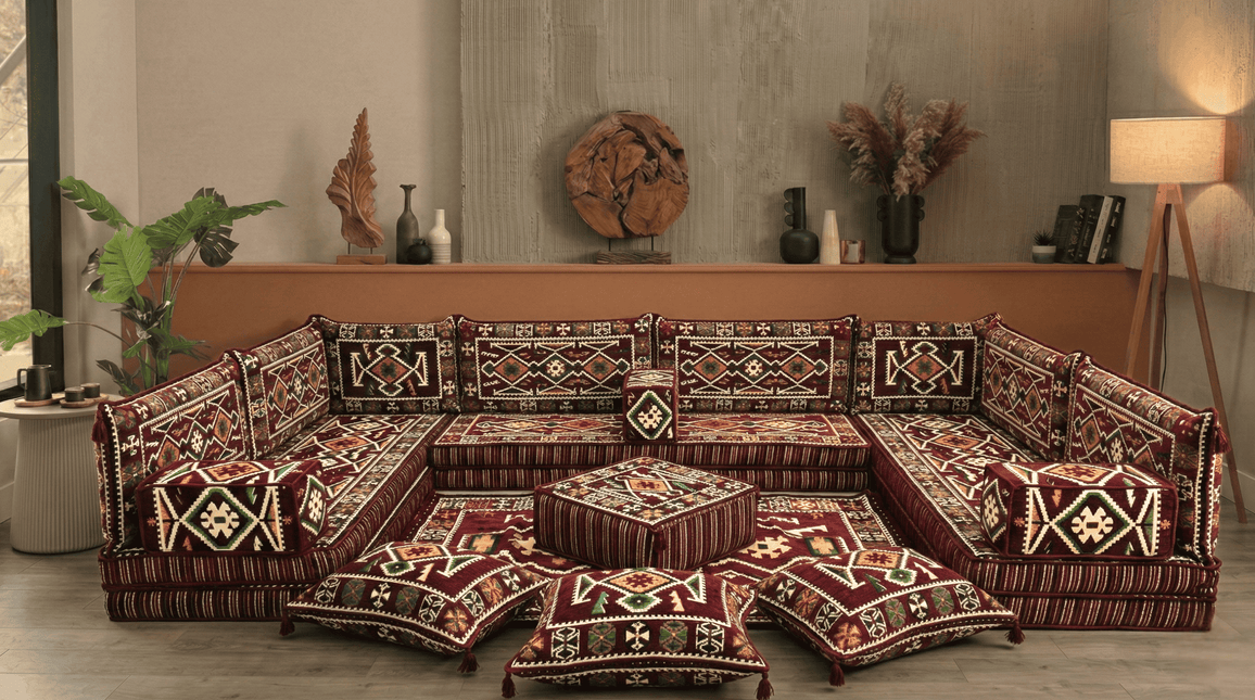 Arabic Floor Sofa Set – Maroon U Shaped Majlis Sectional with 8 Inch Cushions