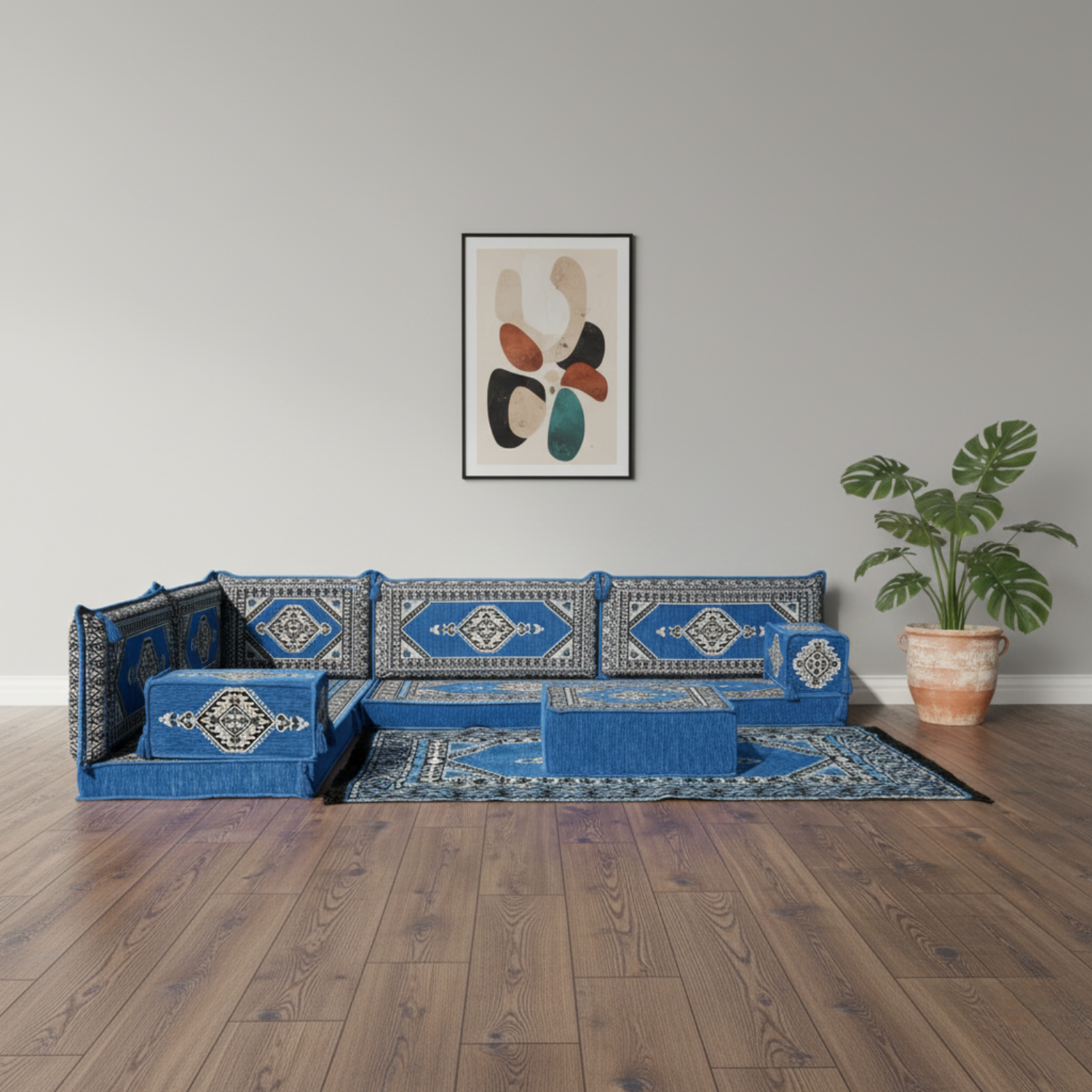 Arabic Floor Sofa Set – Blue L Shaped Majlis Sectional with 4 Inch Cushions