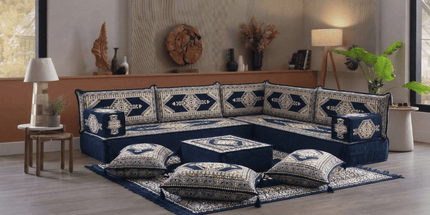 Arabic Floor Sofa Set – Navy L Shaped Majlis Sectional with 8 Inch Cushions