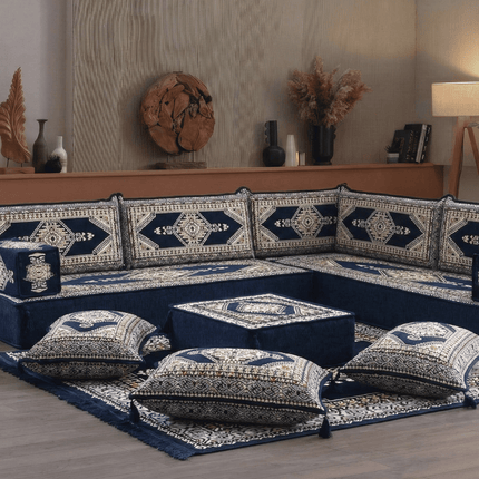 Arabic Floor Sofa Set – Navy L Shaped Majlis Sectional with 8 Inch Cushions