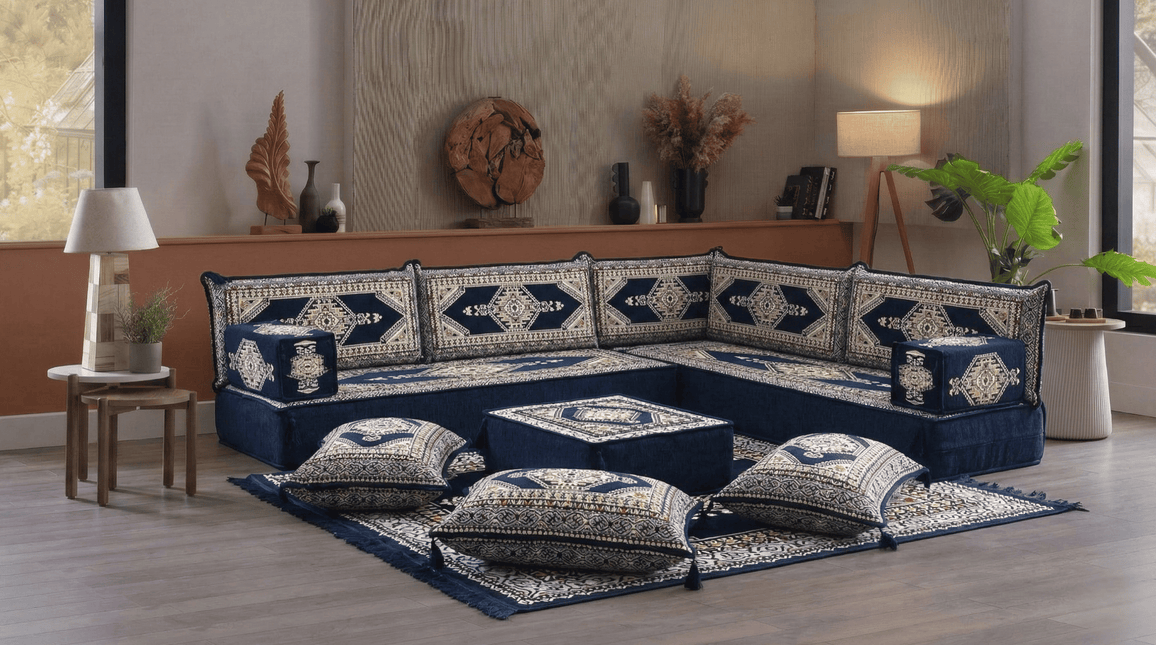 Arabic Floor Sofa Set – Navy L Shaped Majlis Sectional with 8 Inch Cushions