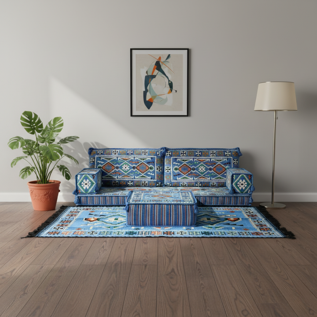 Arabic Loveseat Sofa Set – Navy Blue Loveseat Set with 4 and 8 Inch Cushion Options