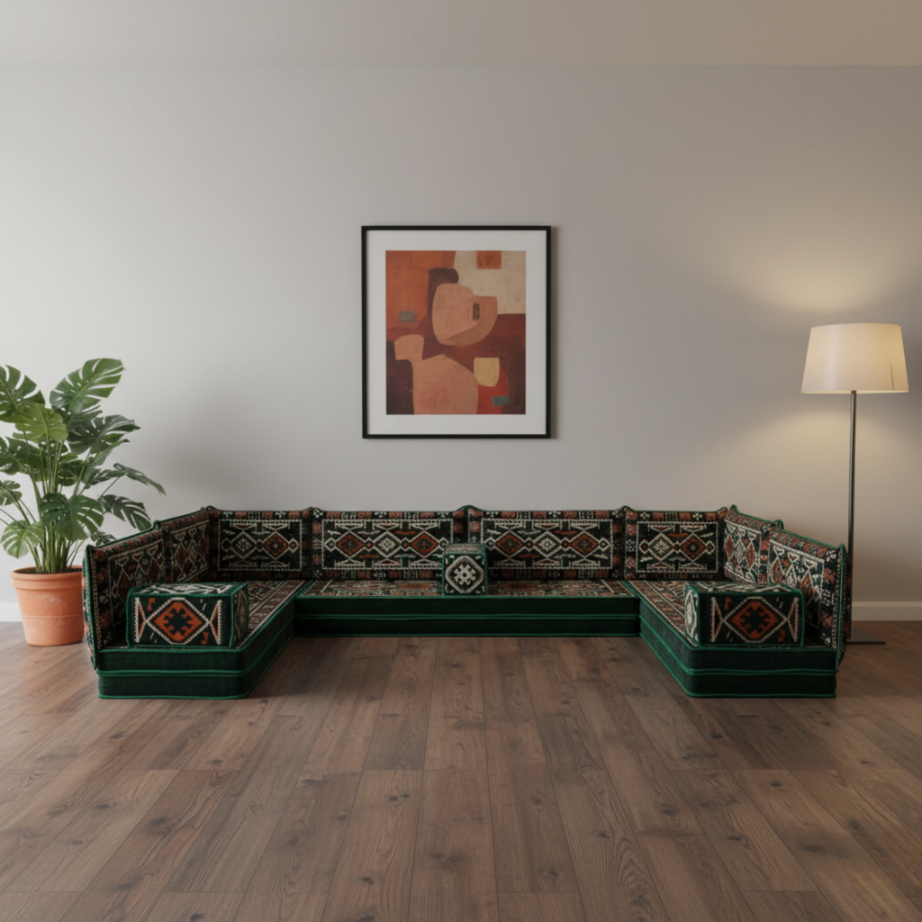 Arabic Floor Sofa Set – Green U Shaped Majlis Sectional with 8 Inch Cushions