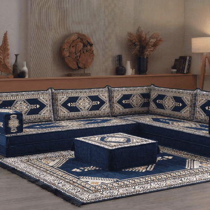 Arabic Floor Sofa Set – Navy L Shaped Majlis Sectional with 8 Inch Cushions