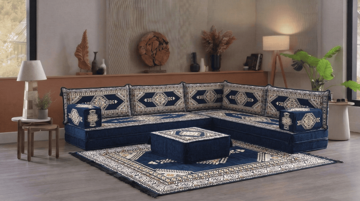 Arabic Floor Sofa Set – Navy L Shaped Majlis Sectional with 8 Inch Cushions