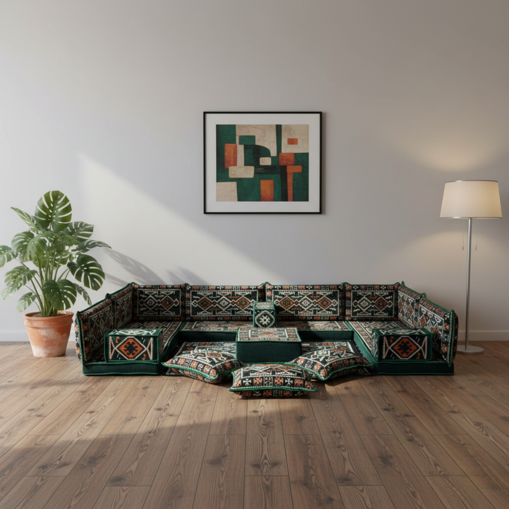Arabic Floor Sofa Set – Green U Shaped Majlis Sectional with 4 Inch Cushions