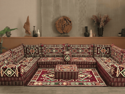 Cappadocia Kilim U-shaped Arabic majlis floor sofa in Burgundy, 8-inch cushions - photo 4