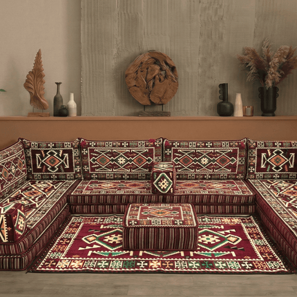 Arabic Floor Sofa Set – Maroon U Shaped Majlis Sectional with 8 Inch Cushions