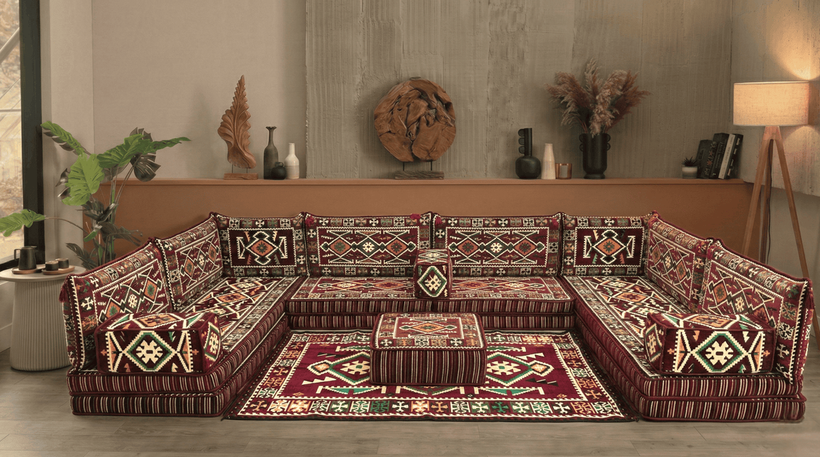 Arabic Floor Sofa Set – Maroon U Shaped Majlis Sectional with 8 Inch Cushions