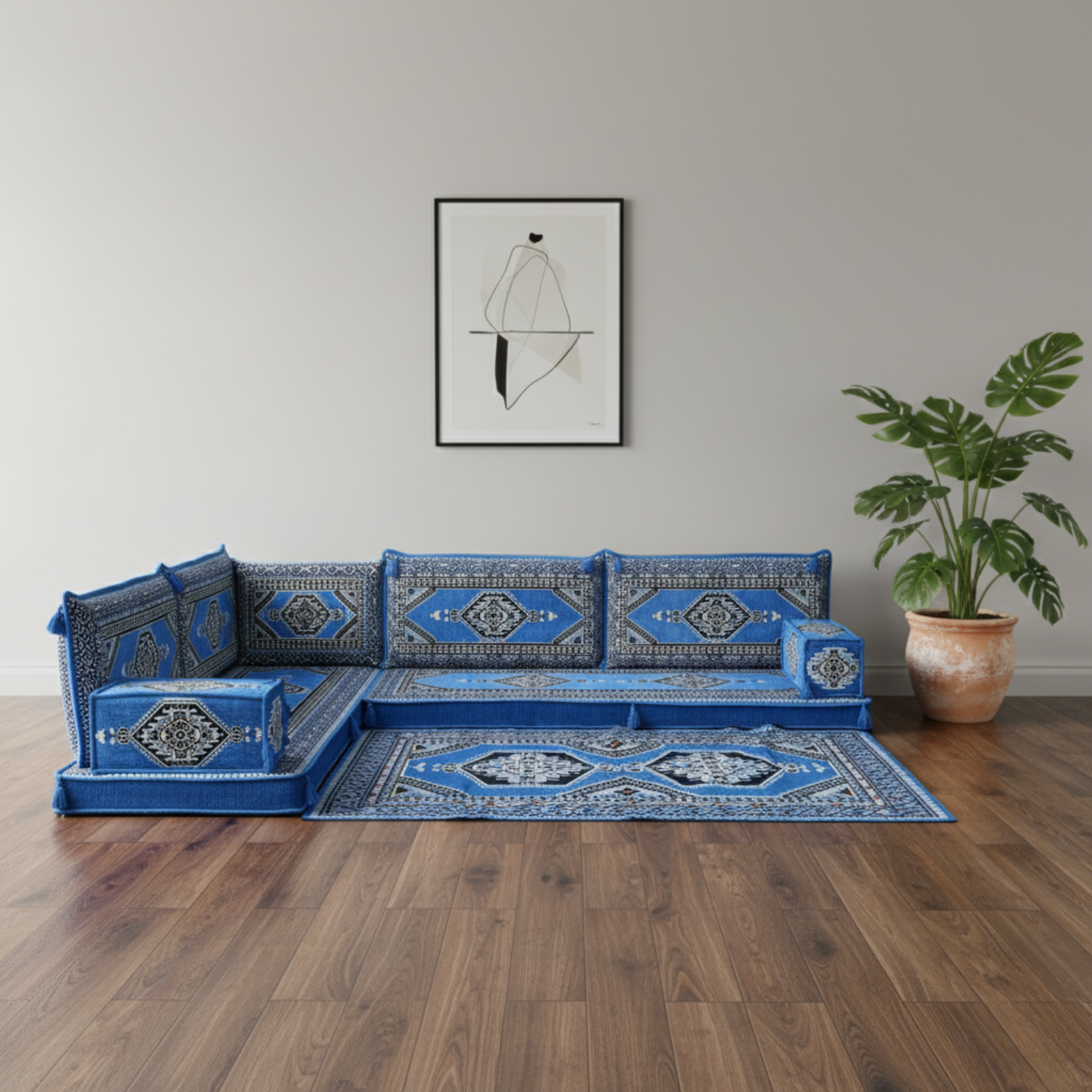 Arabic Floor Sofa Set – Blue L Shaped Majlis Sectional with 4 Inch Cushions
