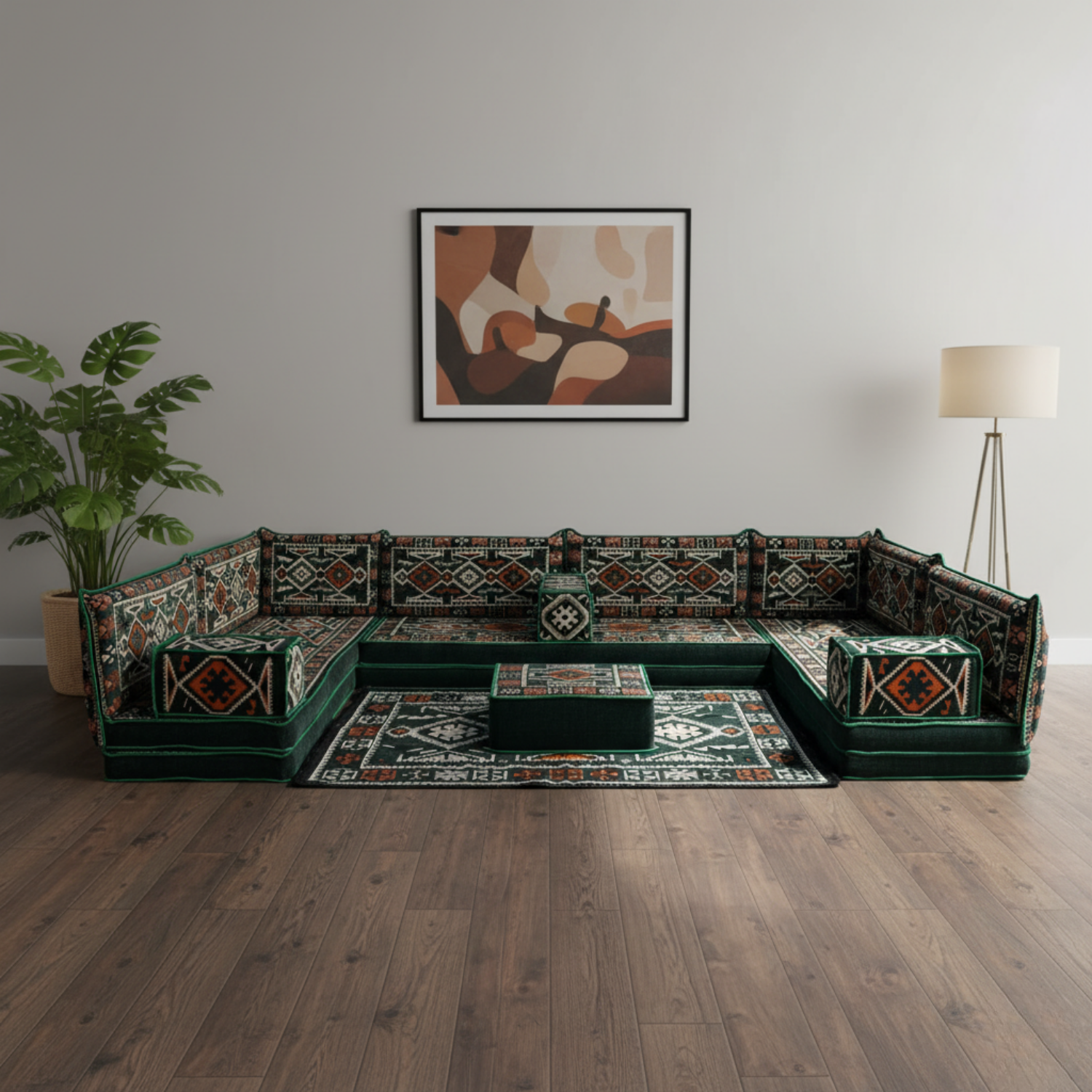 Arabic Floor Sofa Set – Green U Shaped Majlis Sectional with 8 Inch Cushions