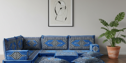 Arabic Floor Sofa Set – Blue L Shaped Majlis Sectional with 4 Inch Cushions