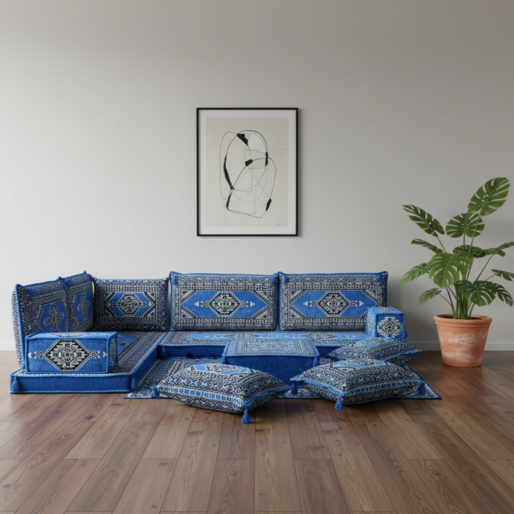 Arabic Floor Sofa Set – Blue L Shaped Majlis Sectional with 4 Inch Cushions