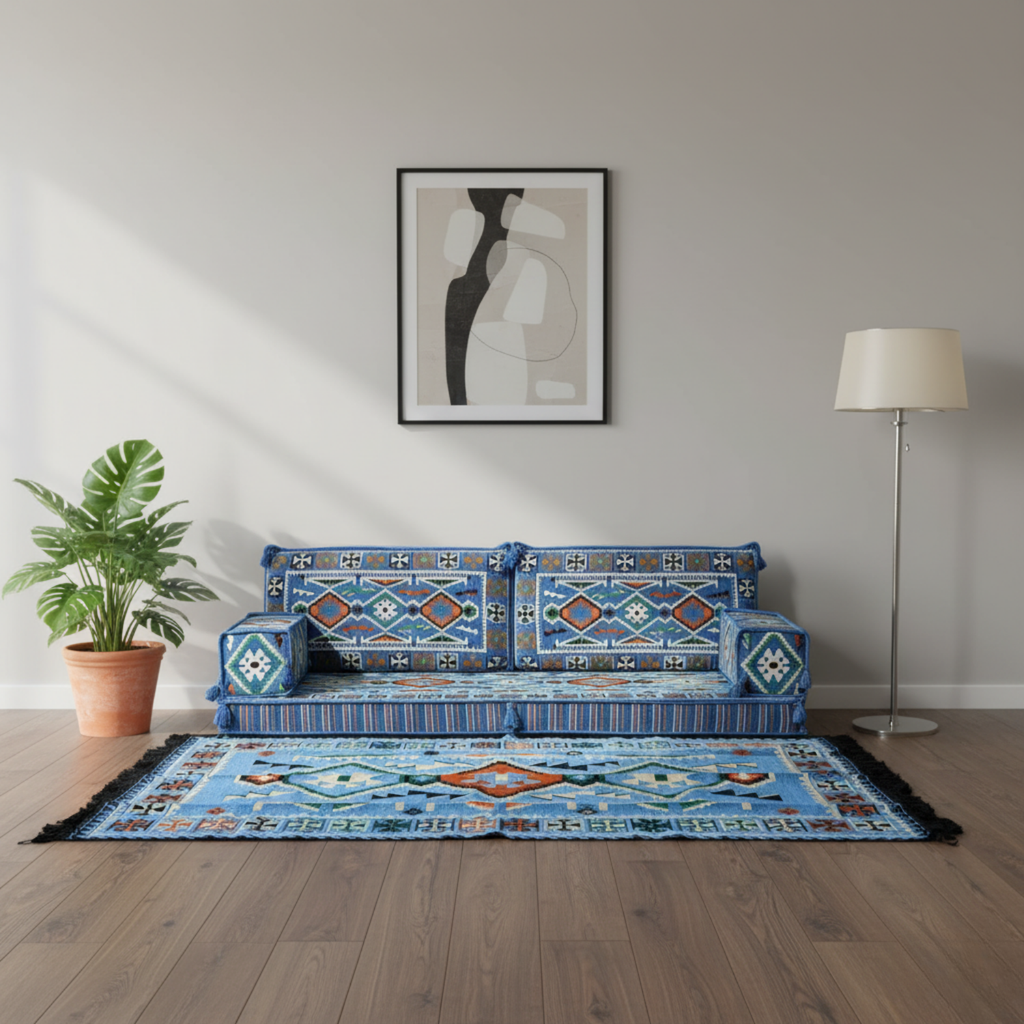 Arabic Loveseat Sofa Set – Navy Blue Loveseat Set with 4 and 8 Inch Cushion Options