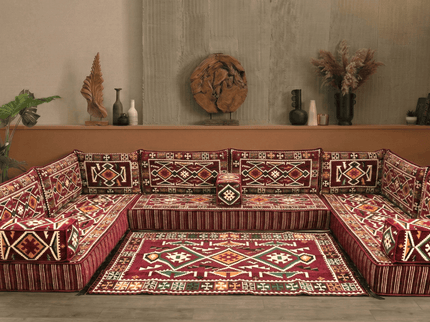 Cappadocia Kilim U-shaped Arabic majlis floor sofa in Burgundy, 8-inch cushions - photo 5