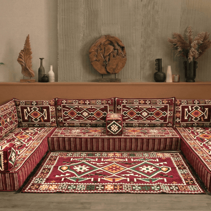 Arabic Floor Sofa Set – Maroon U Shaped Majlis Sectional with 8 Inch Cushions