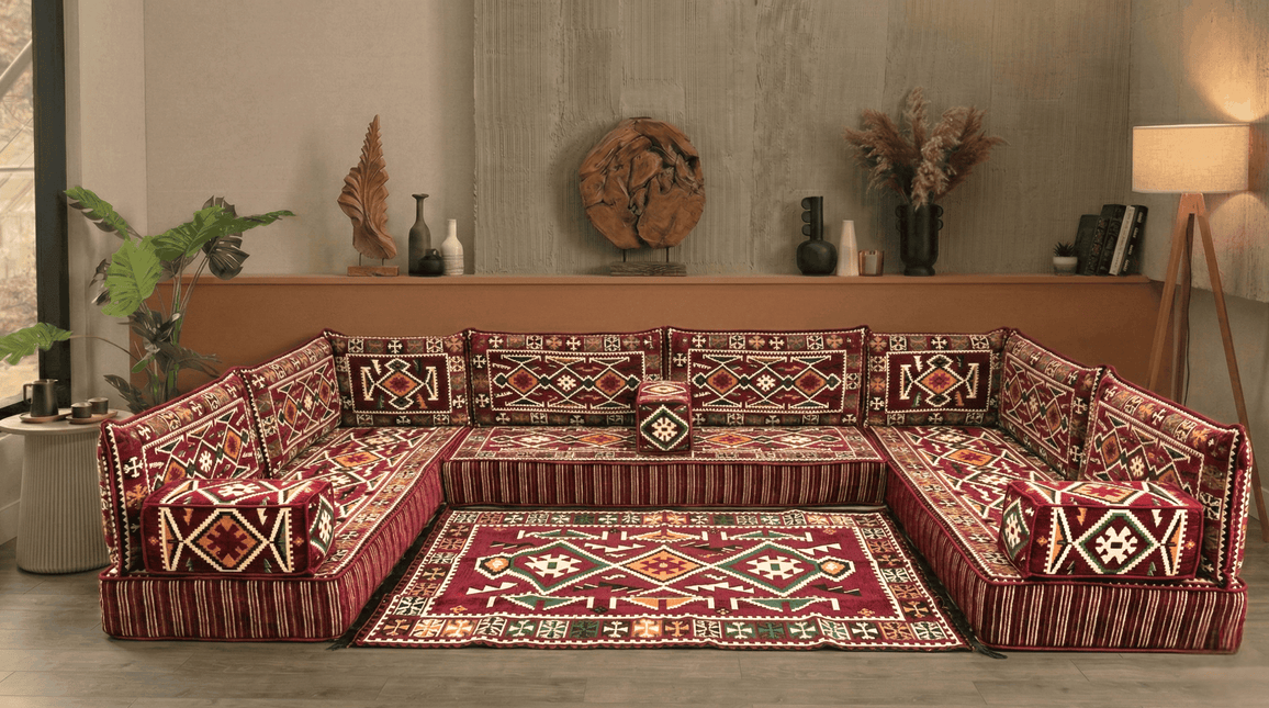 Arabic Floor Sofa Set – Maroon U Shaped Majlis Sectional with 8 Inch Cushions