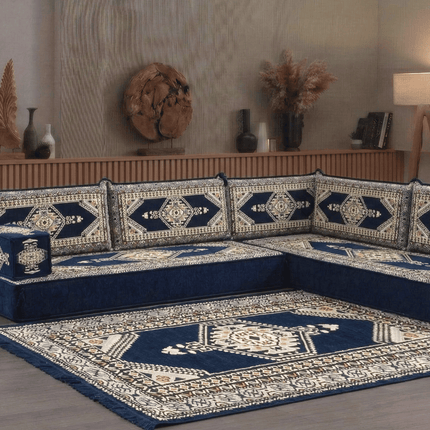 Arabic Floor Sofa Set – Navy L Shaped Majlis Sectional with 8 Inch Cushions