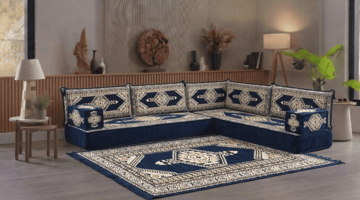 Arabic Floor Sofa Set – Navy L Shaped Majlis Sectional with 8 Inch Cushions