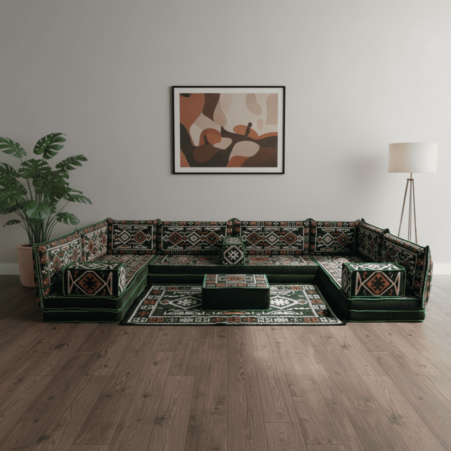 Arabic Floor Sofa Set – Green U Shaped Majlis Sectional with 8 Inch Cushions