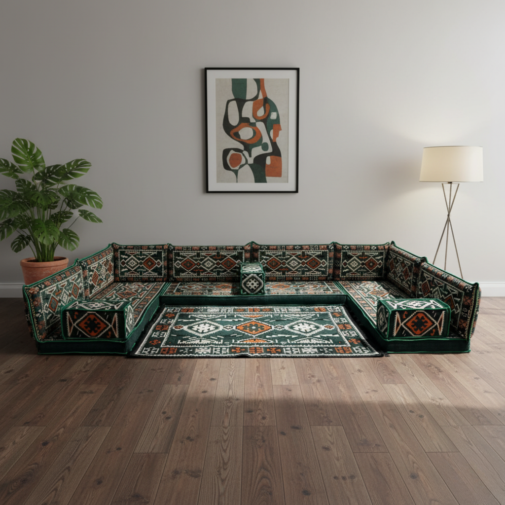 Arabic Floor Sofa Set – Green U Shaped Majlis Sectional with 4 Inch Cushions