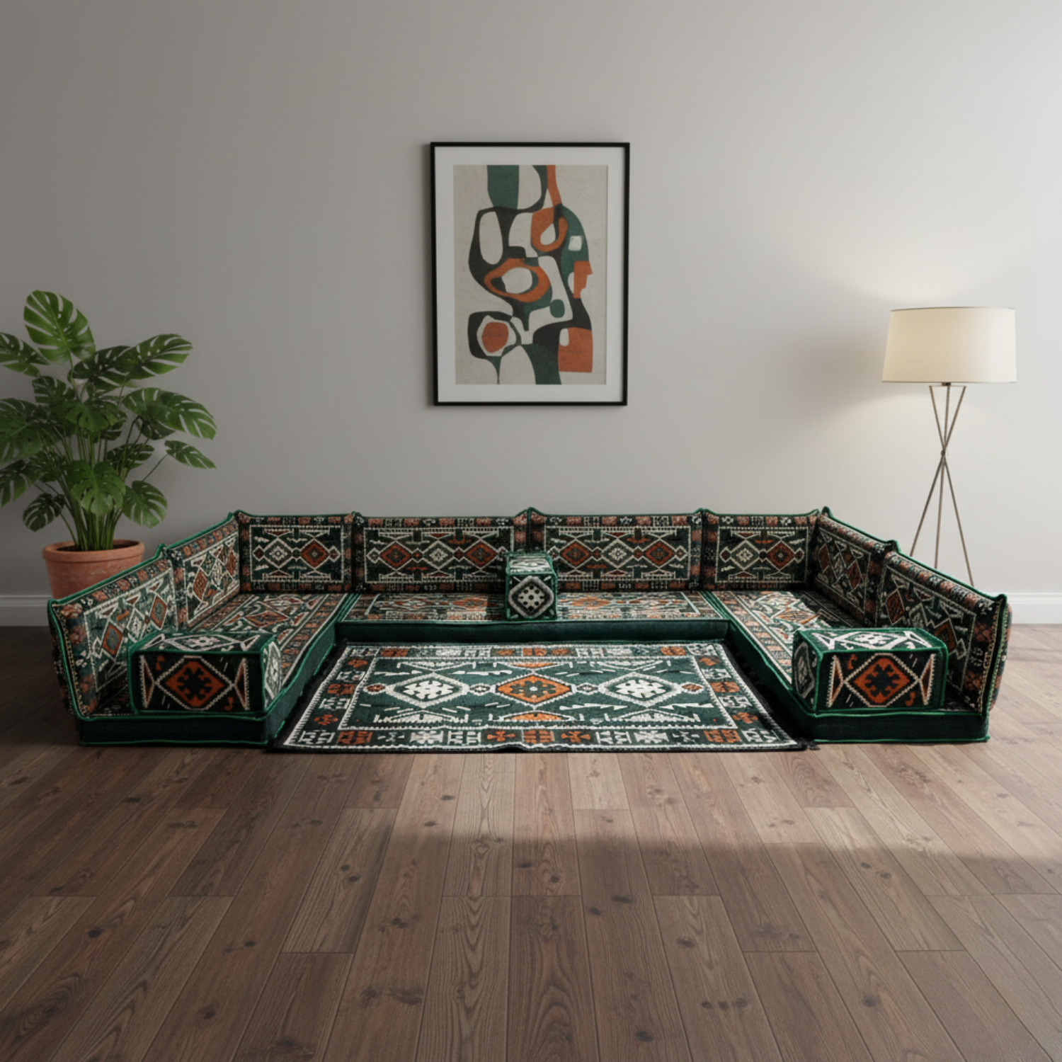 Arabic Floor Sofa Set – Green U Shaped Majlis Sectional with 4 Inch Cushions
