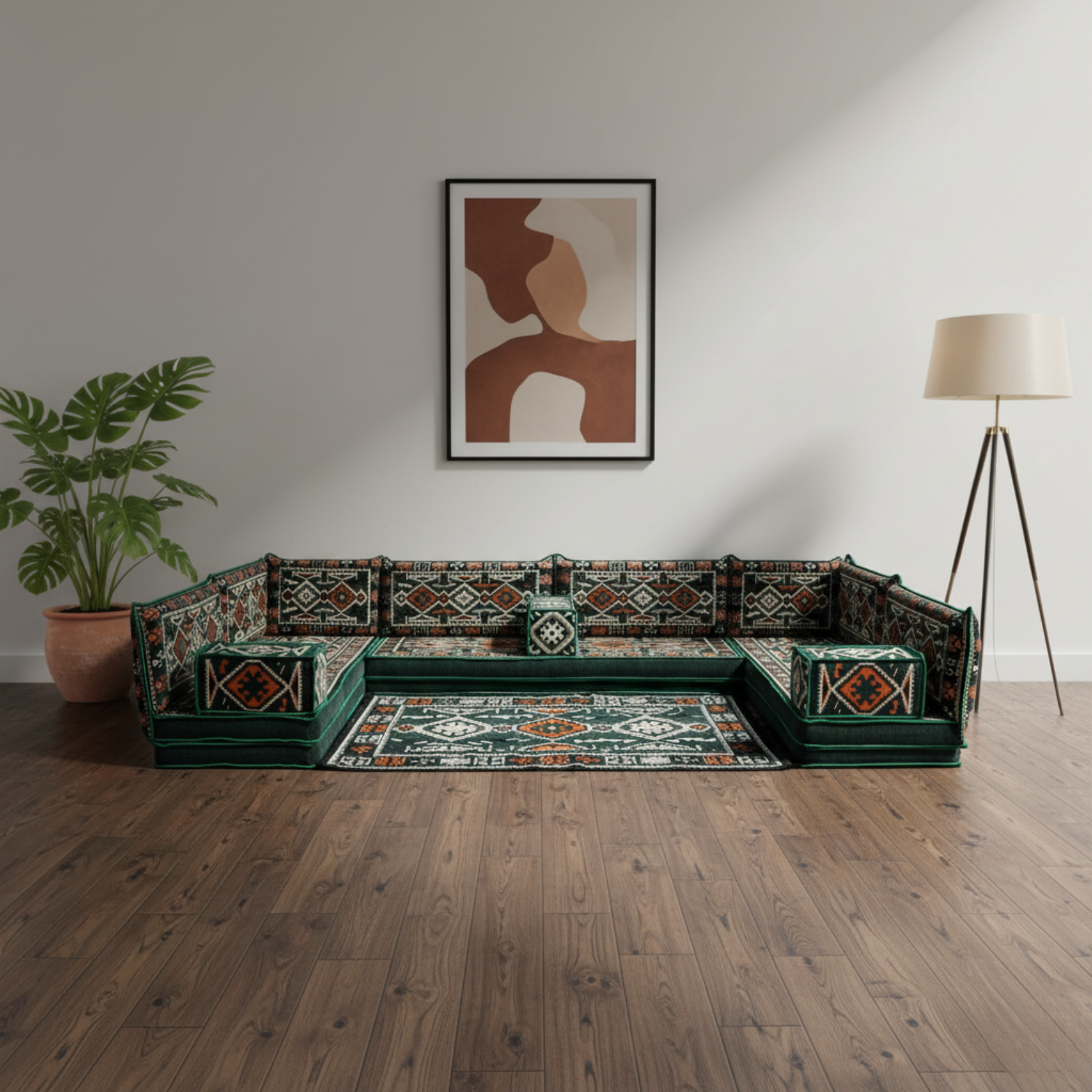 Arabic Floor Sofa Set – Green U Shaped Majlis Sectional with 8 Inch Cushions