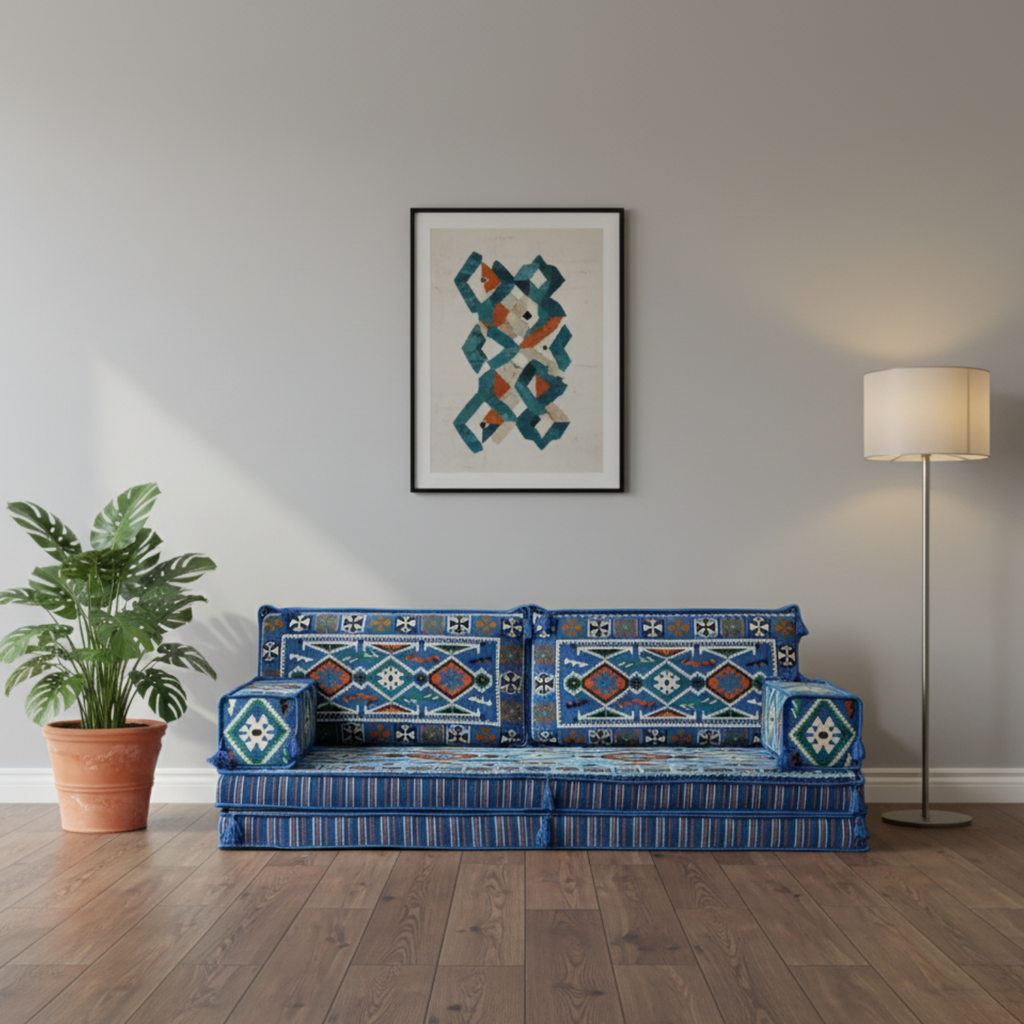 Arabic Loveseat Sofa Set – Navy Blue Loveseat Set with 4 and 8 Inch Cushion Options