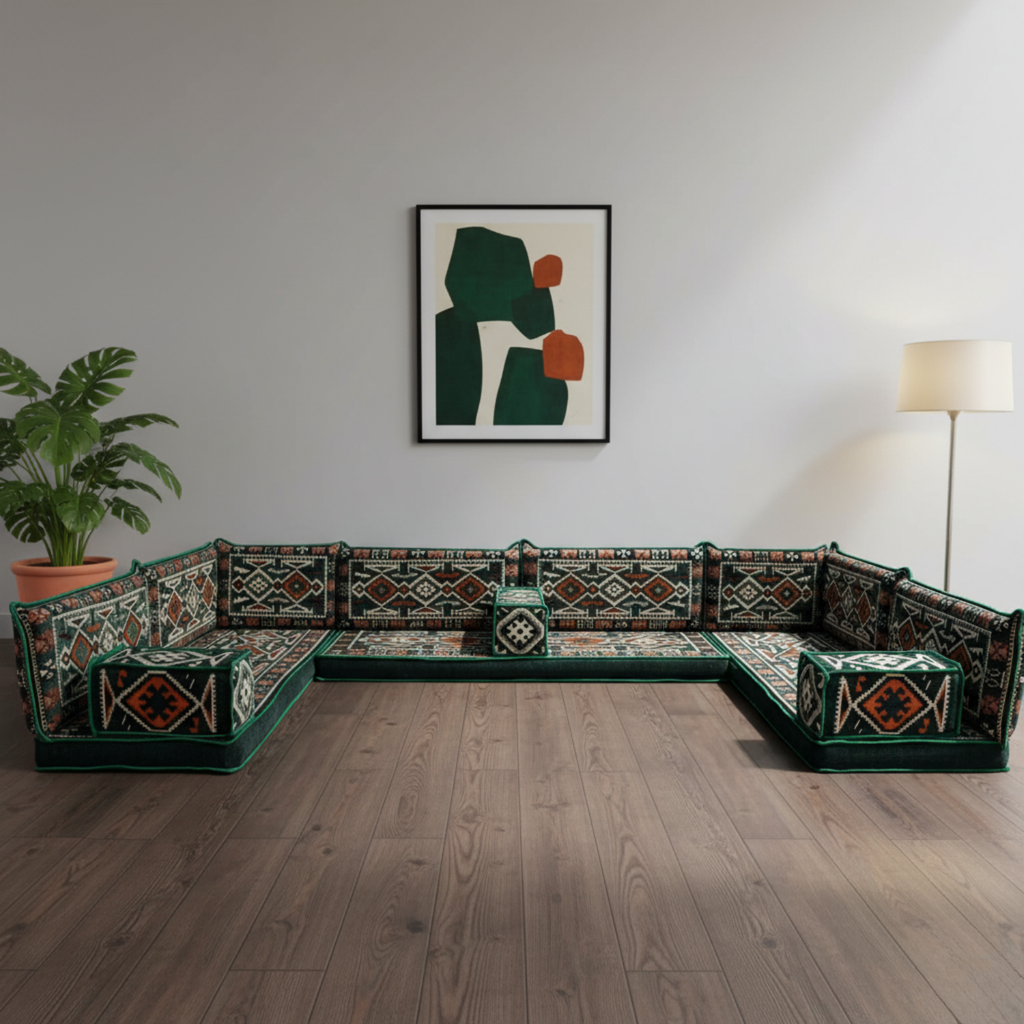 Arabic Floor Sofa Set – Green U Shaped Majlis Sectional with 4 Inch Cushions