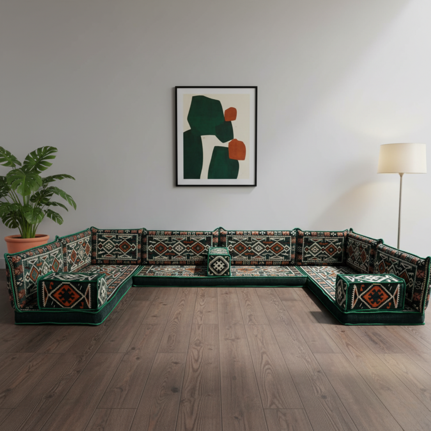Arabic Floor Sofa Set – Green U Shaped Majlis Sectional with 4 Inch Cushions