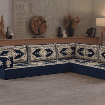 Arabic Floor Sofa Set – Navy L Shaped Majlis Sectional with 8 Inch Cushions
