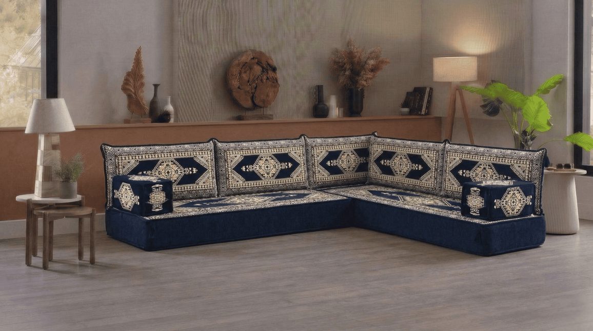 Arabic Floor Sofa Set – Navy L Shaped Majlis Sectional with 8 Inch Cushions
