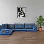 Arabic Floor Sofa Set – Blue L Shaped Majlis Sectional with 4 Inch Cushions