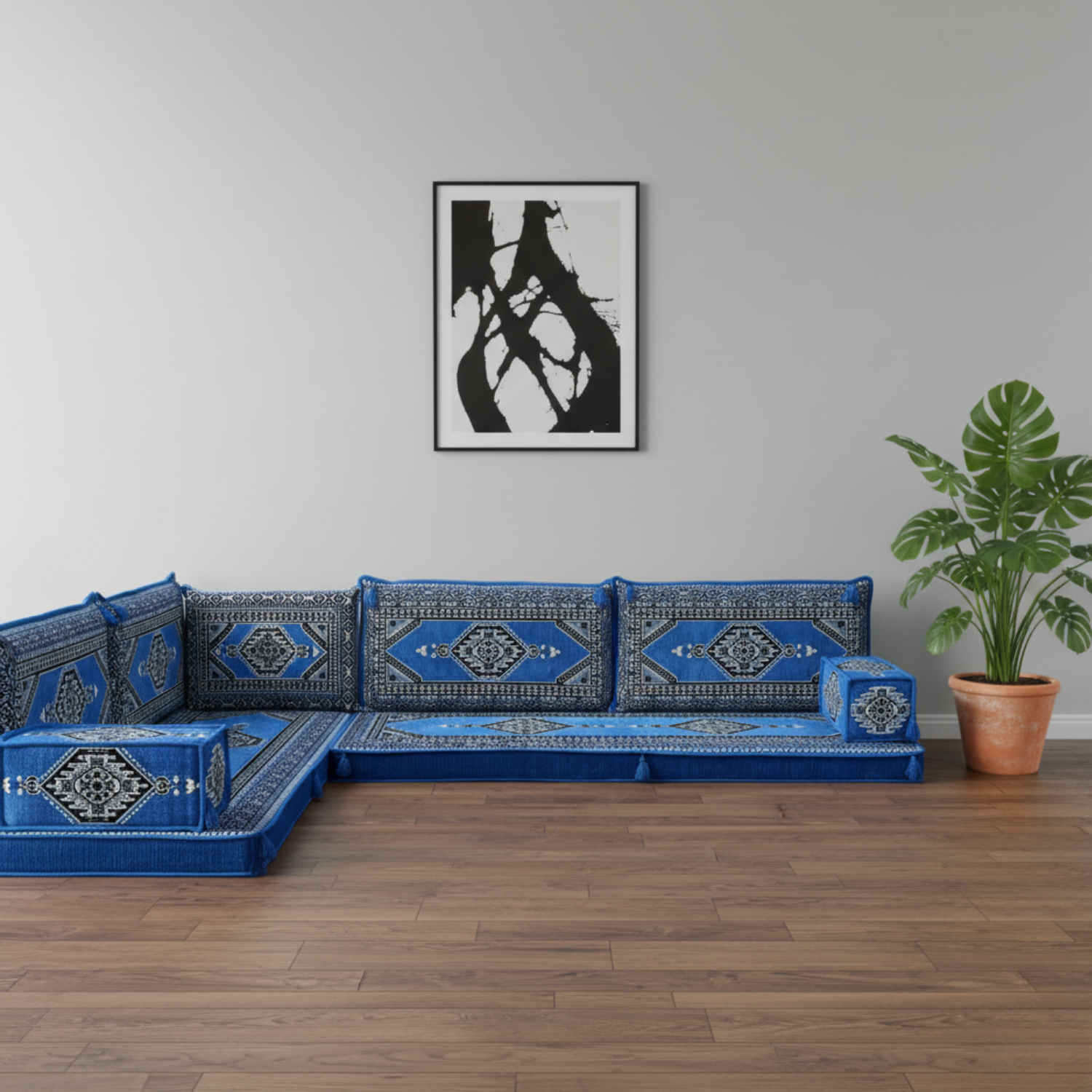 Arabic Floor Sofa Set – Blue L Shaped Majlis Sectional with 4 Inch Cushions