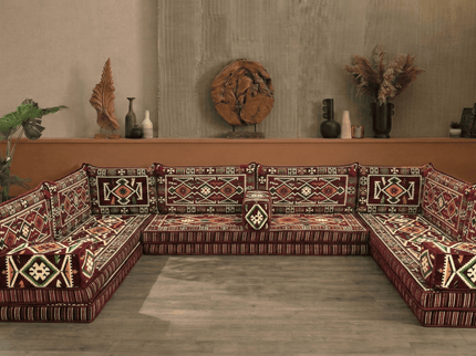 Cappadocia Kilim U-shaped Arabic majlis floor sofa in Burgundy, 8-inch cushions - photo 6