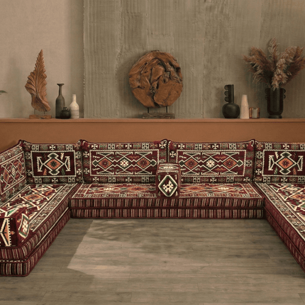 Arabic Floor Sofa Set – Maroon U Shaped Majlis Sectional with 8 Inch Cushions