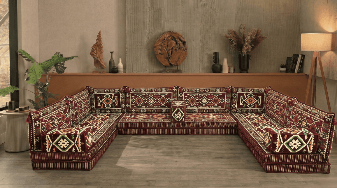 Arabic Floor Sofa Set – Maroon U Shaped Majlis Sectional with 8 Inch Cushions