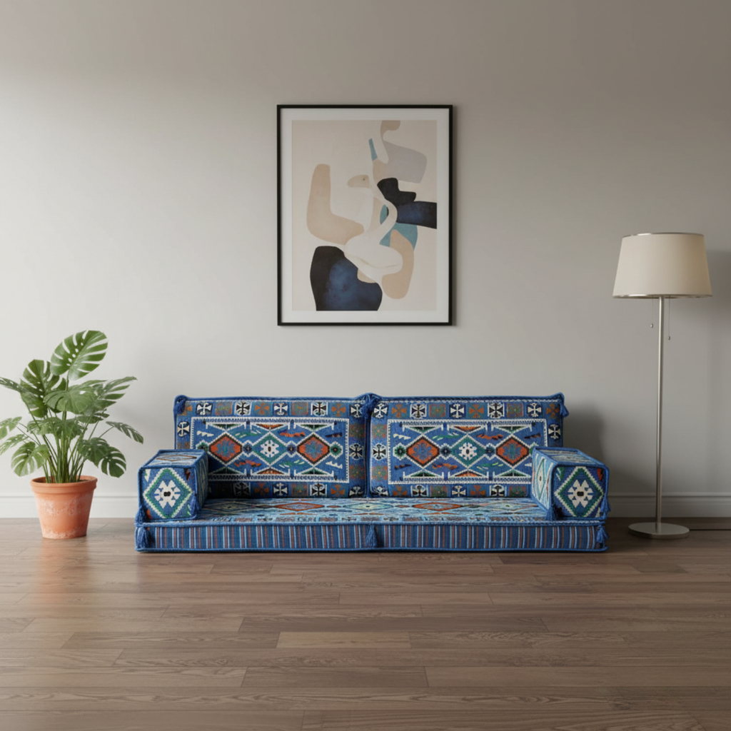 Arabic Loveseat Sofa Set – Navy Blue Loveseat Set with 4 and 8 Inch Cushion Options