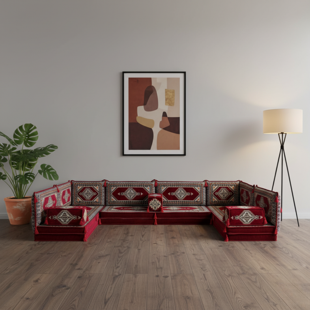 Arabic Floor Sofa Set – Maroon U Shaped Majlis Sectional with 8 Inch Cushions